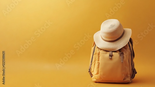 Backpack with straw hat isolated on golden background photo