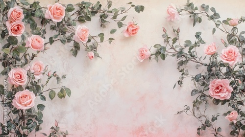 A soft pastel pink rose gradient wall creates a vintage, romantic ambiance, ideal as a delicate backdrop for banners or greetings. photo