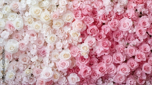 Fototapeta Naklejka Na Ścianę i Meble -  A soft pastel pink rose gradient wall creates a vintage, romantic ambiance, ideal as a delicate backdrop for banners or greetings.