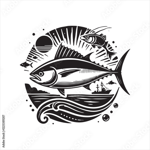 Black Color Tuna silhouette design Vector Illustration, Solid White Background (6).eps