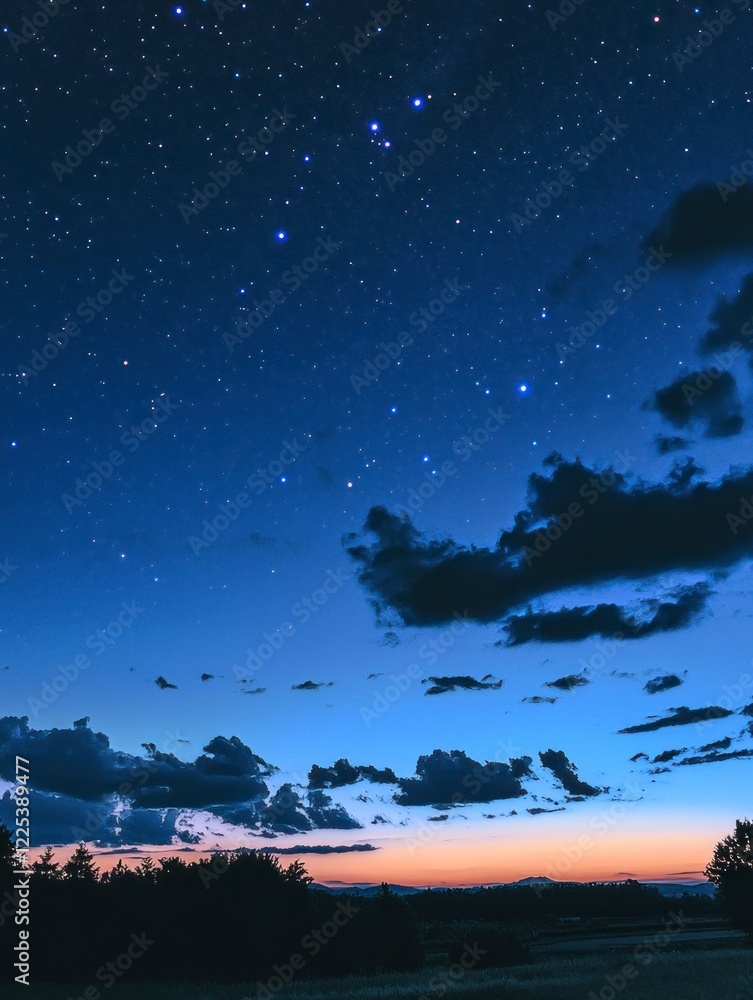 Fototapeta premium Starry night sky with clouds, night sky filled with stars, blue background, sky with moon and planets