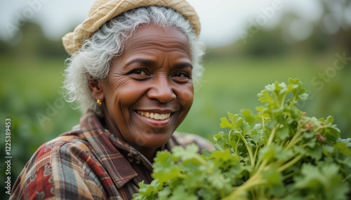 Elderly african american woman in agriculture holding harvest in hands under bright sunlight. photo