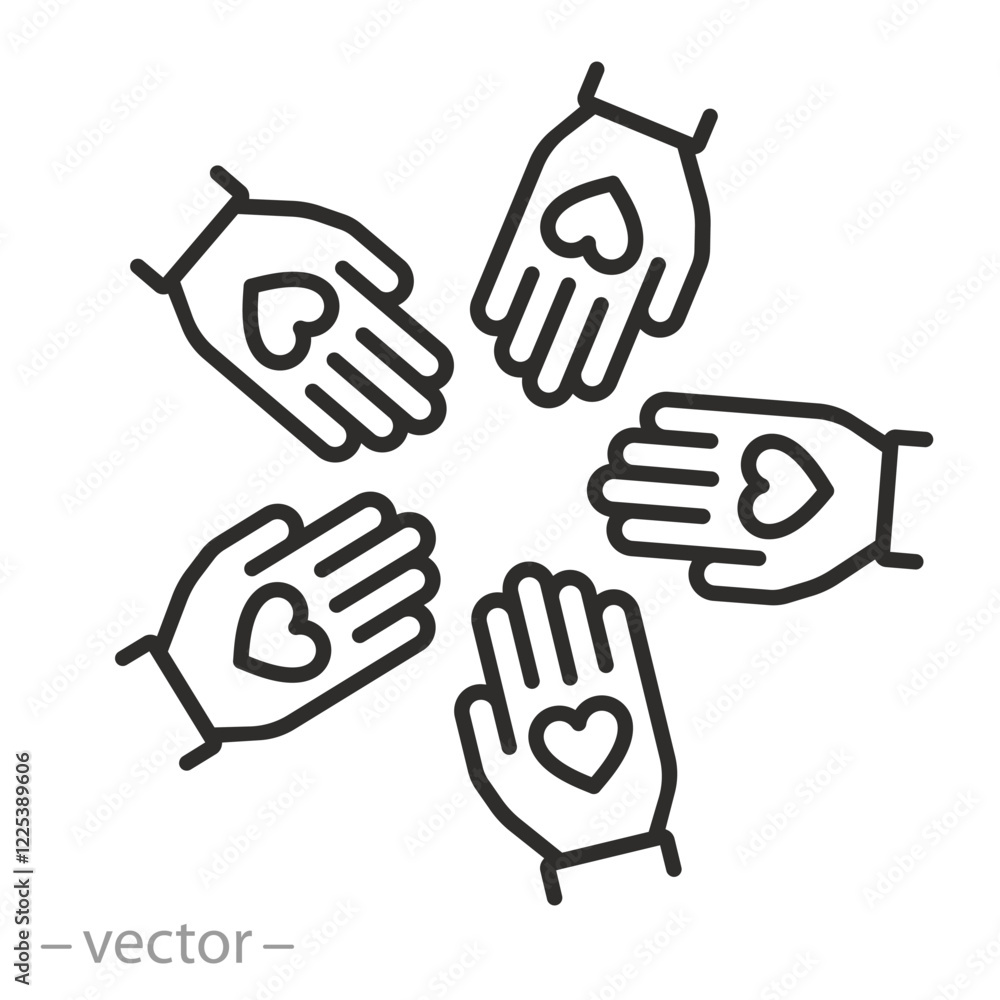 hands with hearts icon, human hand group, thin line symbol - editable stroke vector illustration hands with hearts icon, human hand group, thin line symbol - editable stroke vector illustration