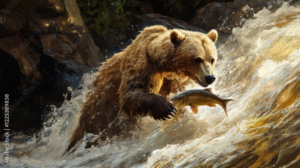 Fototapeta premium A bear catches a fish in a fastflowing river.