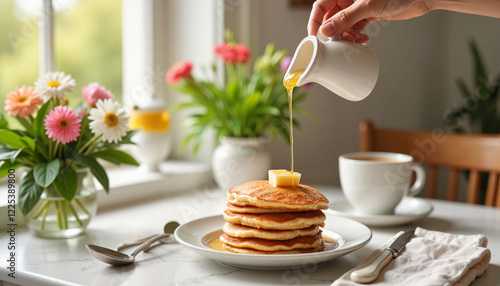 Serving syrup over pancakes in cozy breakfast nook, morning delight, Making syrup for pancakes, Preparation for Maslenitsa  photo