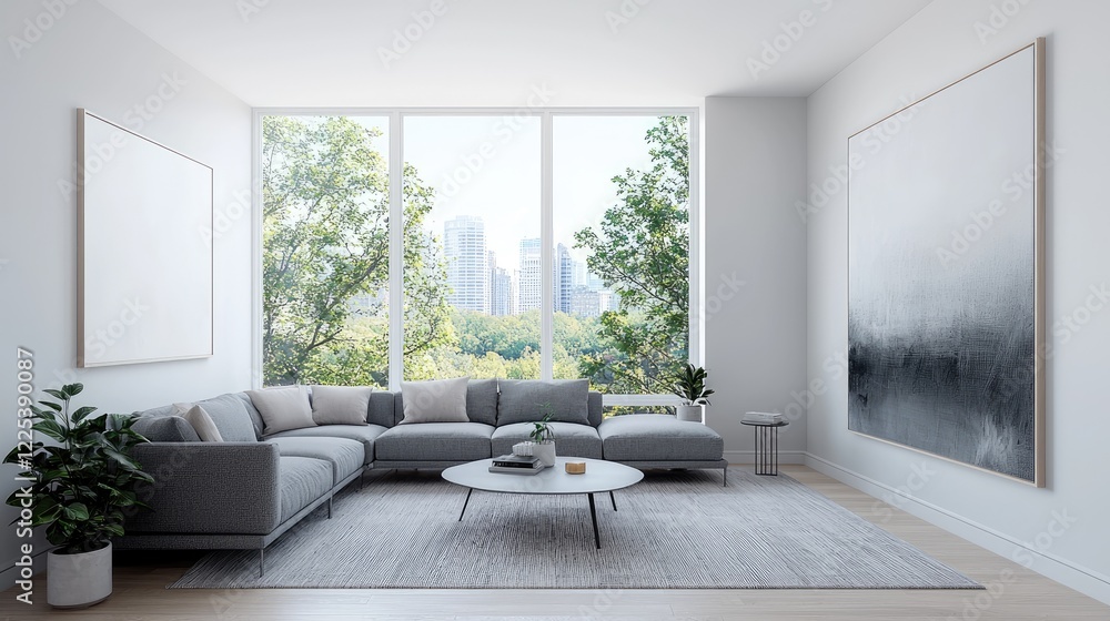 Fototapeta premium Modern minimalist living room featuring a grey sectional sofa and large windows overlooking a city park during the day.