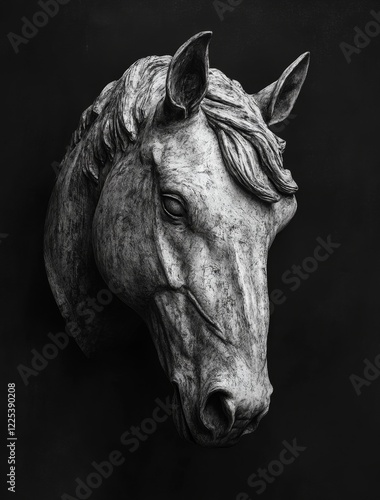 Sculpted Horse Head in Stone Artistic Monochrome Design of a Stallion on a Dark Background photo