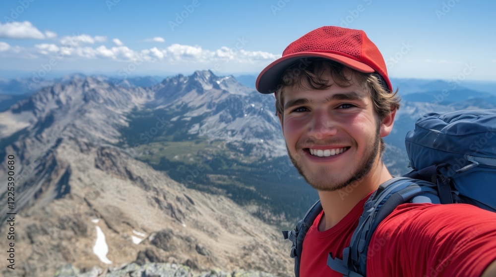 The happy face of a young hiker fills a vertical selfie, with the majestic mountain landscape unfolding behind him, showcasing the thrill of the climb. The happy face of a young hiker fills a vertical selfie, with the majestic mountain landscape unfolding behind him, showcasing the thrill of the climb.