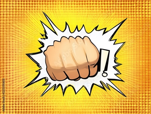 Bold Cartoon Fist Punching Through Background with Comic Style Burst and Vibrant Colors for Dynamic Visual Impact photo