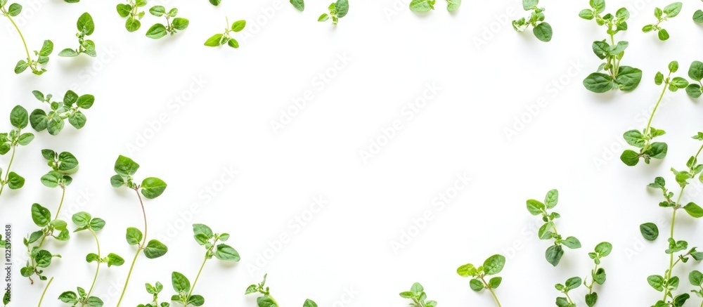Lush Fresh Oregano Leaves Framed on Bright White Background with Ample Copy Space for Text in Culinary and Herbal Contexts Lush Fresh Oregano Leaves Framed on Bright White Background with Ample Copy Space for Text in Culinary and Herbal Contexts
