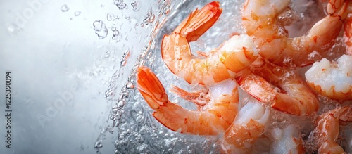 Fresh Pink Peeled Shrimp in Clear Water Tank with Splashing Water Bubbles Healthy Seafood Cuisine Concept with Empty Space for Text photo