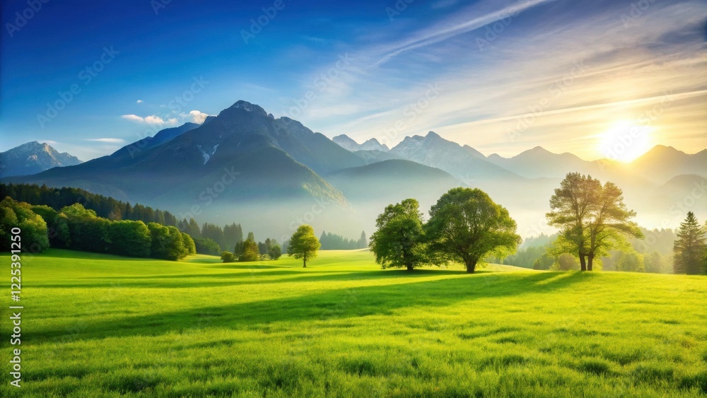 Obraz premium Serene Sunrise Over Lush Green Meadow and Majestic Mountains
