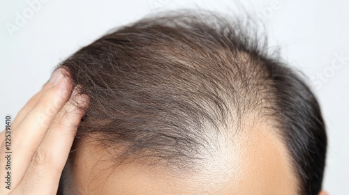 Middle-aged man inspecting thinning hair and hair loss on scalp, light brown hair with receding hairline, focus on hair texture and scalp condition. photo