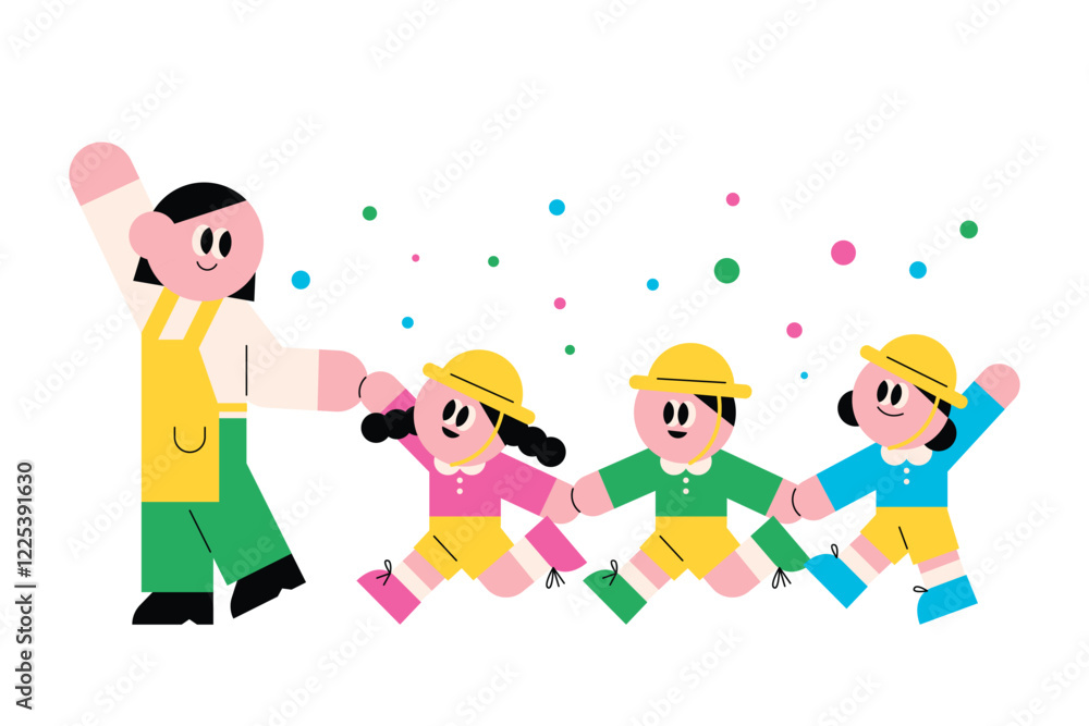 Teacher and Kids Walking. Excited kids. Children walking holding hands. Going to school. Teacher and Kids Walking. Excited kids. Children walking holding hands. Going to school.