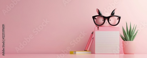 A whimsical scene featuring a pink-themed workspace with a cute character wearing glasses, complemented by plants and stationery.