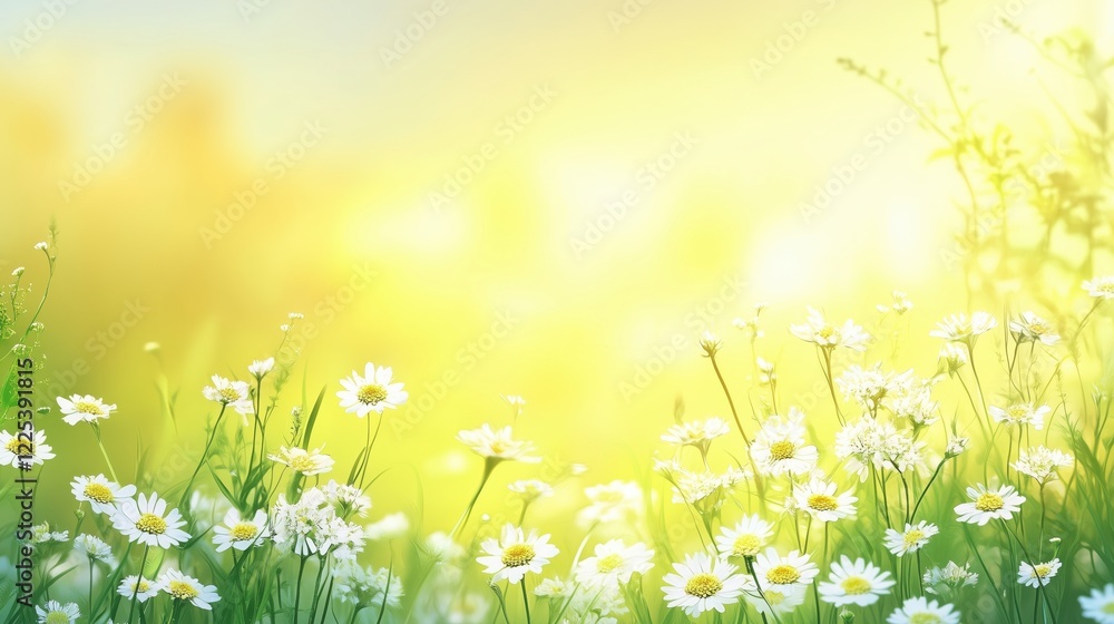 Fototapeta premium The lacy white flowers of common yarrow bask in warm sunlight, framed by lush green grass, creating a serene summer banner with room for creative content. 