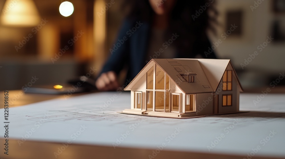 House model on blueprint paper with warm tones at table featuring blurred businesswoman in background emphasizing real estate agent concept House model on blueprint paper with warm tones at table featuring blurred businesswoman in background emphasizing real estate agent concept