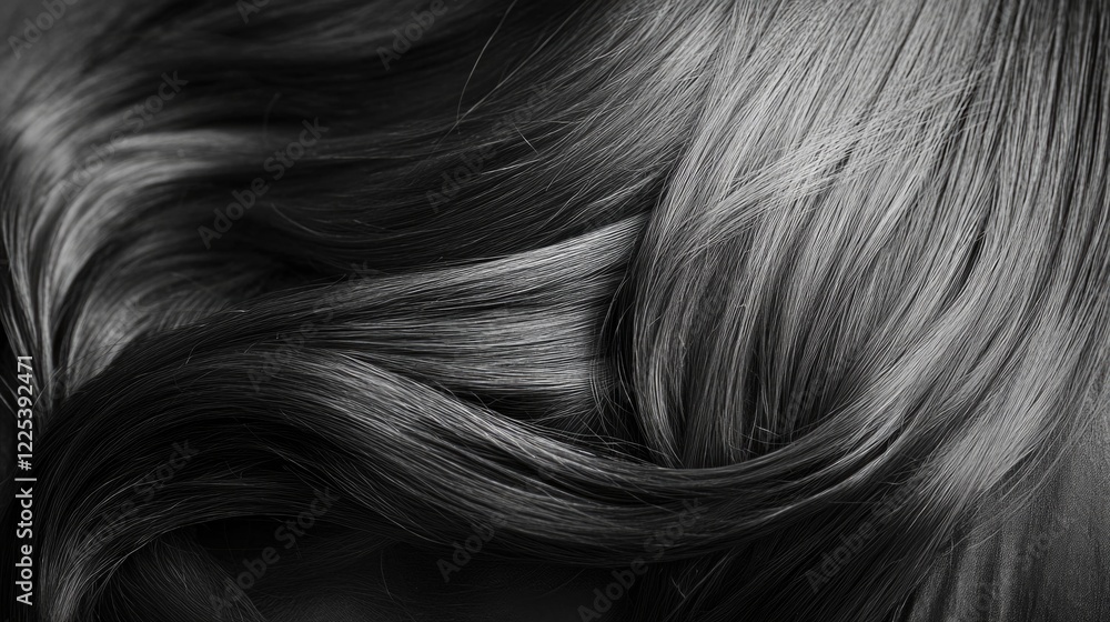 Naklejka premium Closeup of flowing long black hair of a young woman captured in soft natural light showcasing smooth texture and rich shine.