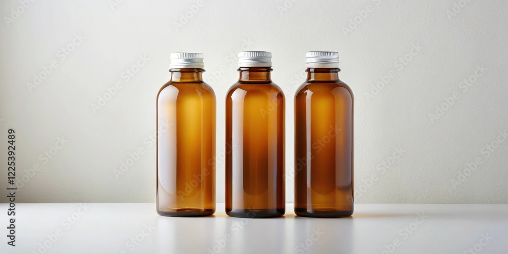Amber glass bottles with silver lids on white surface Amber glass bottles with silver lids on white surface