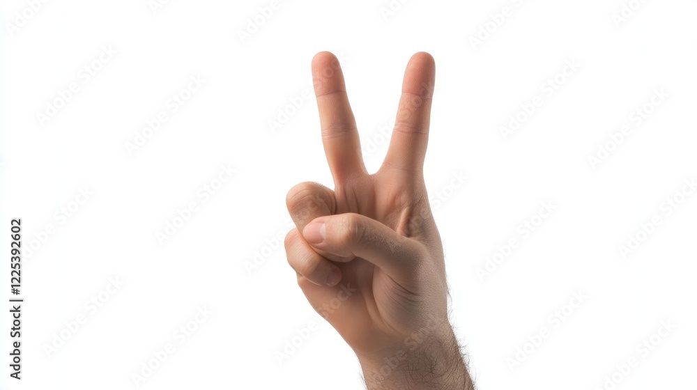 Hand gesture of man showing peace sign with two fingers against a clean white background symbolizing positivity, communication, and harmony. Hand gesture of man showing peace sign with two fingers against a clean white background symbolizing positivity, communication, and harmony.