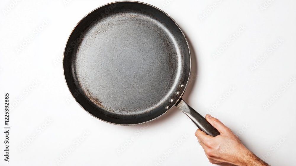 Hand of an adult man holding an empty black metal frying pan kitchen utensil focused on white background top view showcasing cooking and food preparation concepts Hand of an adult man holding an empty black metal frying pan kitchen utensil focused on white background top view showcasing cooking and food preparation concepts