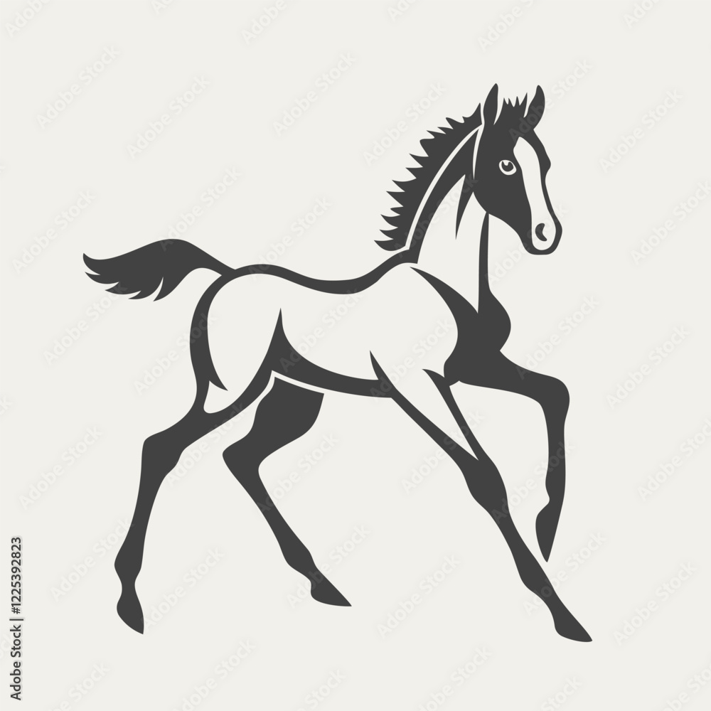 Obraz premium Stylized black and white horse illustration in a dynamic pose. The minimalistic vector design highlights the elegance and movement of the animal with clean lines and artistic detail