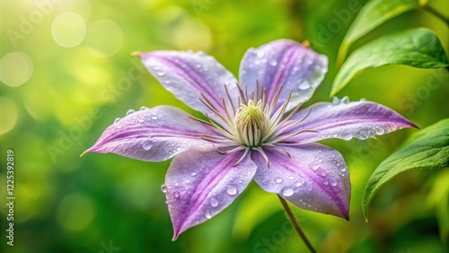 A Delicate Lavender Clematis Blossom Adorned with Morning Dew
