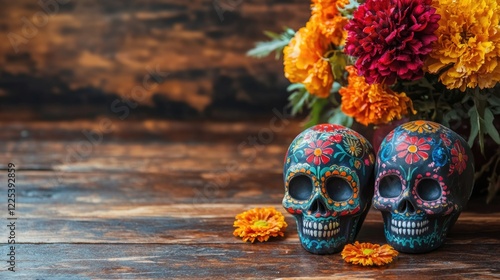 Colorful Mexican Dia De Los Muertos Celebration with Vibrant Sugar Skulls and Marigold Flowers on Rustic Wooden Table Background photo