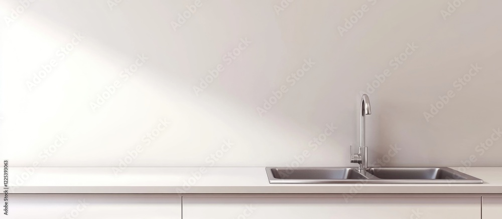 Elegant Modern Kitchen Interior Featuring Stainless Steel Sink and Minimalist Design with Bright White Walls and Ample Empty Space for Text Usage Elegant Modern Kitchen Interior Featuring Stainless Steel Sink and Minimalist Design with Bright White Walls and Ample Empty Space for Text Usage
