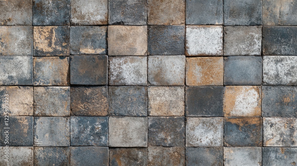Fototapeta premium Textured patchwork tile wall featuring old gray and brown cement squares creating a rustic industrial background suitable for modern decor.