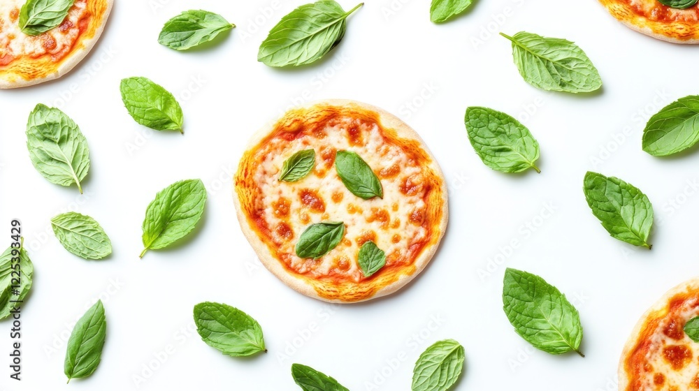 Freshly baked pizza topped with cheese and mint leaves arranged artistically against a clean white background showcasing vibrant green colors Freshly baked pizza topped with cheese and mint leaves arranged artistically against a clean white background showcasing vibrant green colors