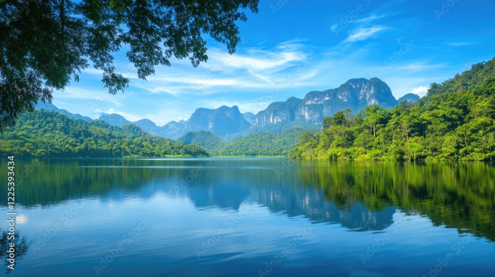 Serene freshwater lake surrounded by vibrant green mountains under a clear blue sky featuring perfect water reflections and tranquil nature scenery Serene freshwater lake surrounded by vibrant green mountains under a clear blue sky featuring perfect water reflections and tranquil nature scenery