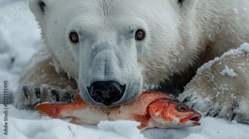 Close-up of a polar bear with light white fur resting on pure white snow holding a fish in its mouth in a serene Arctic environment. photo