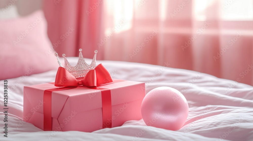 Pink gift box adorned with red ribbon featuring a tiara and pink ball resting on white bedspread in softly lit pink bedroom. Pink gift box adorned with red ribbon featuring a tiara and pink ball resting on white bedspread in softly lit pink bedroom.