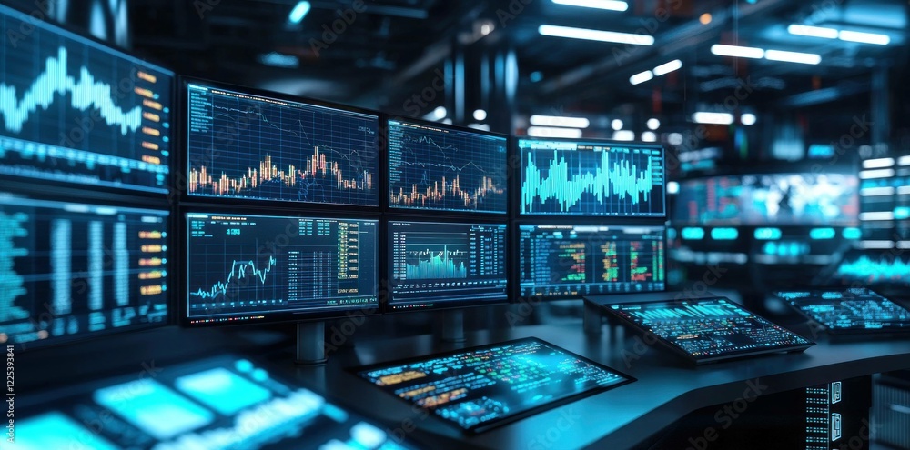 Obraz premium Modern financial trading room with multiple screens displaying market data and stock charts, highlighting the concept of investments and trading strategies