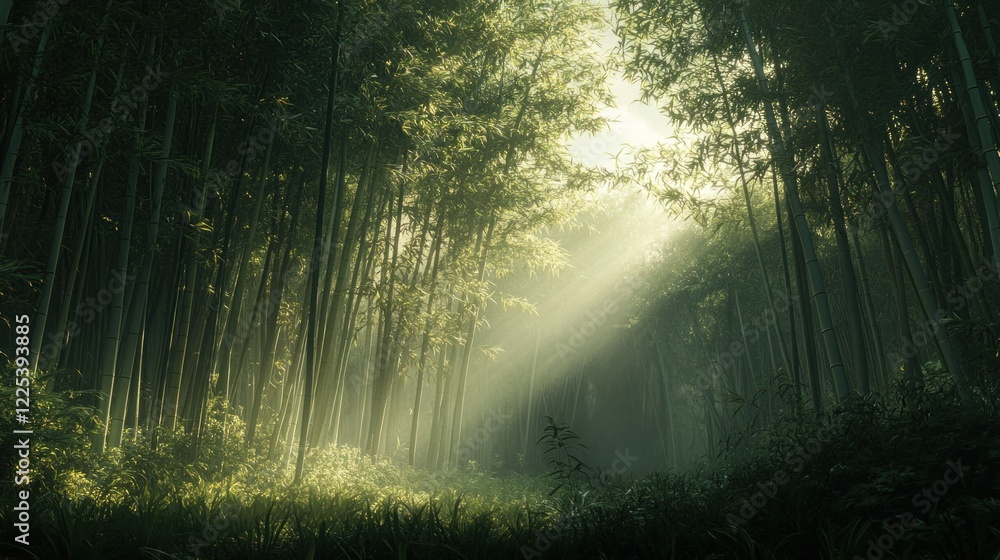 Naklejka premium Sunlit Path Through Serene Bamboo Forest