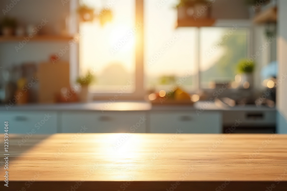 sunlit wooden kitchen countertop with blurred background of modern kitchen interior sunlit wooden kitchen countertop with blurred background of modern kitchen interior