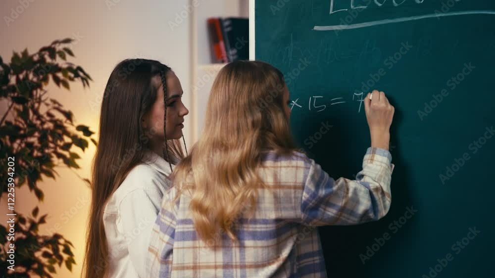 Teenage girl helps her classmate solve a math equation on the chalkboard Teenage girl helps her classmate solve a math equation on the chalkboard