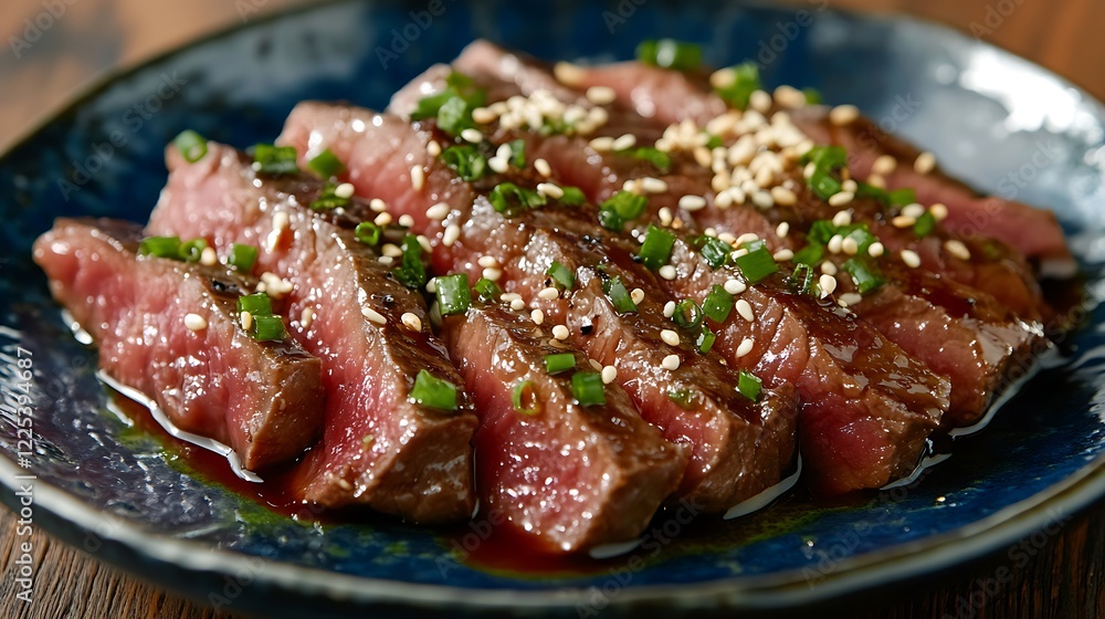 Beef tataki with sauce and sesame on blue plate Beef tataki with sauce and sesame on blue plate