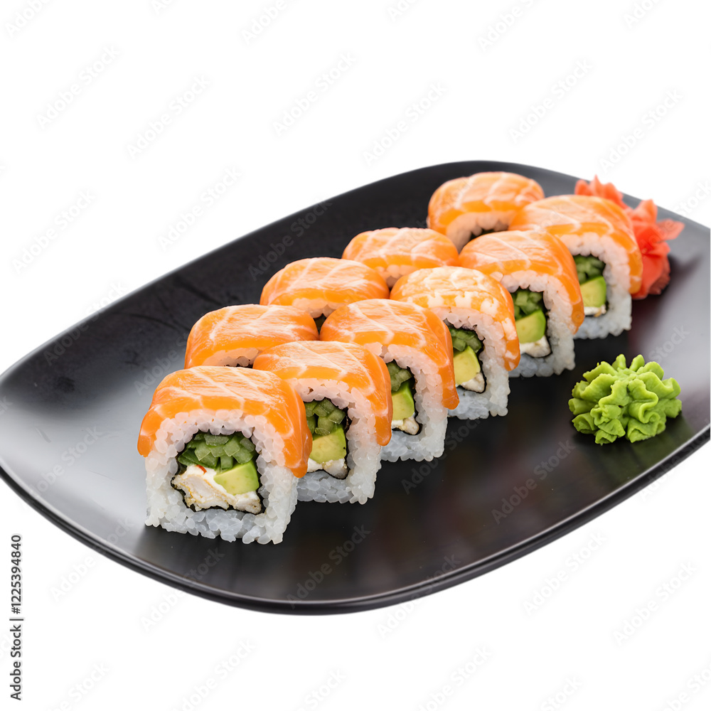 Fresh salmon roll sushi on black plate with wasabi and pickled ginger Fresh salmon roll sushi on black plate with wasabi and pickled ginger