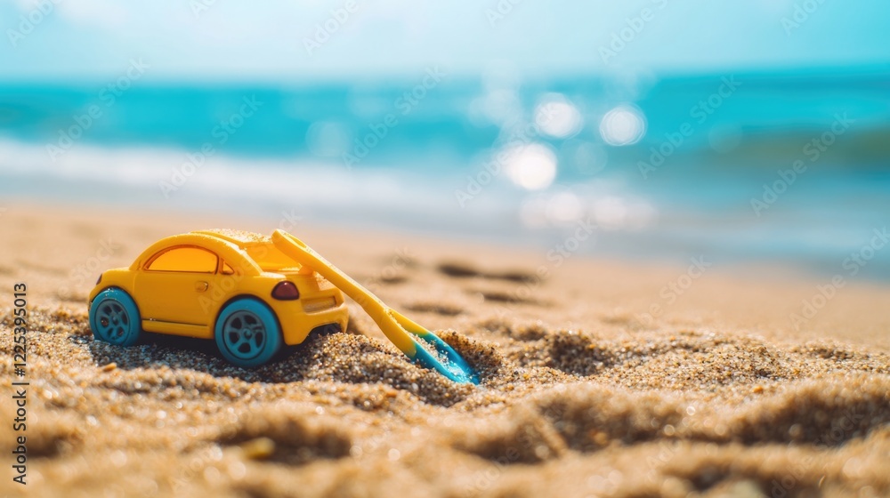 Yellow toy car with blue wheels and shovel on sandy beach under bright sunlight with blurred ocean background and empty space for text Yellow toy car with blue wheels and shovel on sandy beach under bright sunlight with blurred ocean background and empty space for text