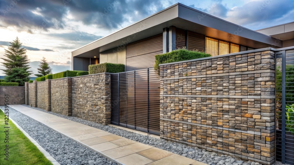 Modern Stone Wall and Gate Pathway to Contemporary Home Modern Stone Wall and Gate Pathway to Contemporary Home