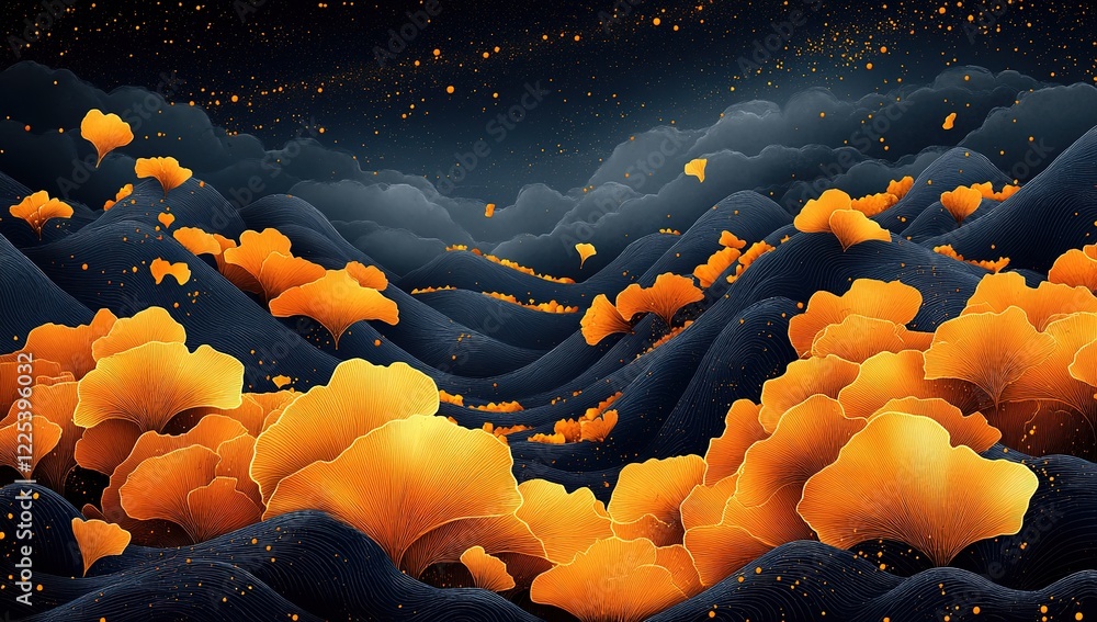 Fototapeta premium Ginkgo Leaves on a Night Sky Mountain Landscape