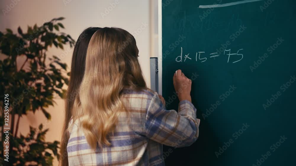 Teenage girls work together on solving an equation on the chalkboard, teamwork Teenage girls work together on solving an equation on the chalkboard, teamwork