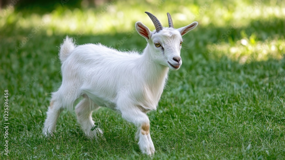 Playful young white goat grazing in vibrant green grass with blurred natural background showcasing a lively mountain breed Arabian she goat. Playful young white goat grazing in vibrant green grass with blurred natural background showcasing a lively mountain breed Arabian she goat.