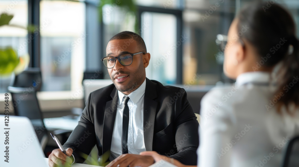 Two professional managers engaged in a business discussion in a modern office setting, focusing on strategy and collaboration. Two professional managers engaged in a business discussion in a modern office setting, focusing on strategy and collaboration.