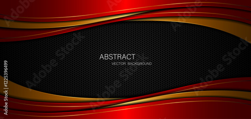 Abstract red and golden curves with golden lines on dark steel mesh background. with free space for design. modern technology innovation concept background	