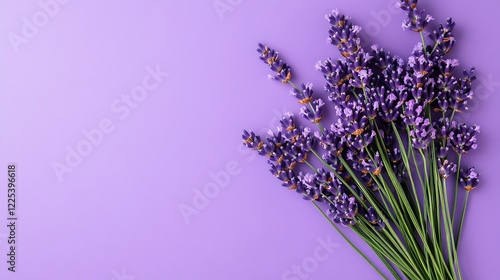 Lavender blossoms arranged on a purple background