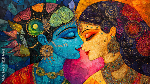 A vibrant painting of Radha and Krishna in an embrace