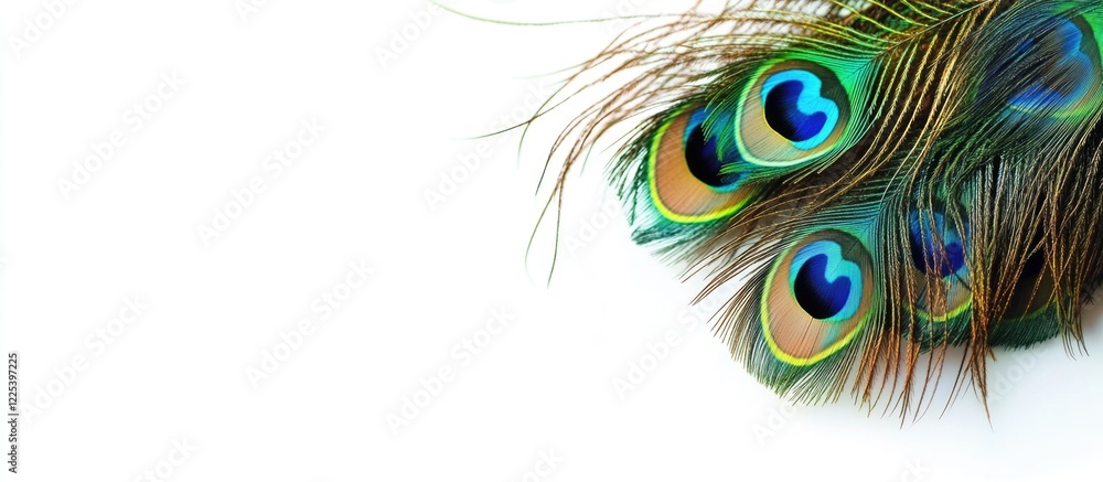 Obraz premium Vibrant multicolored peacock feathers with rich green and blue hues against a clean white background ideal for text placement and design projects